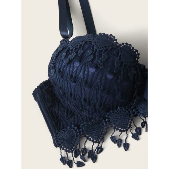 Size 10 Large Navy Blue Crochet Trim Underwire Lingerie Set - Picture 3 of 5